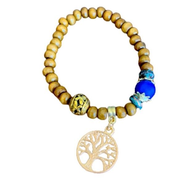 4 Boho Wood Bead Stretch Tree of Life Charm Tassel Bracelet Set Teen Girl NEW - Picture 4 of 10